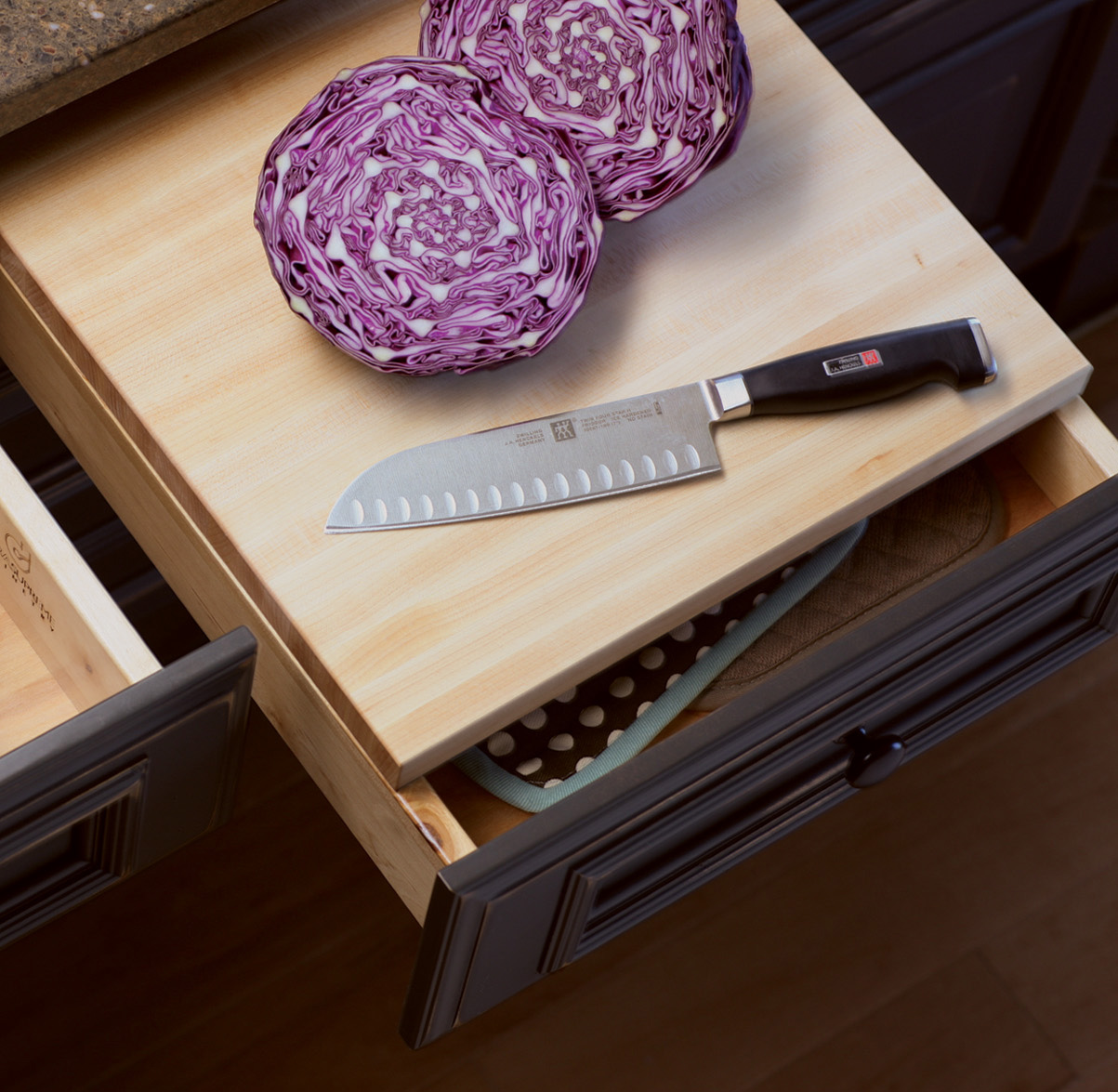 Dura Supreme removable chop block with drawer, storage space beneath.